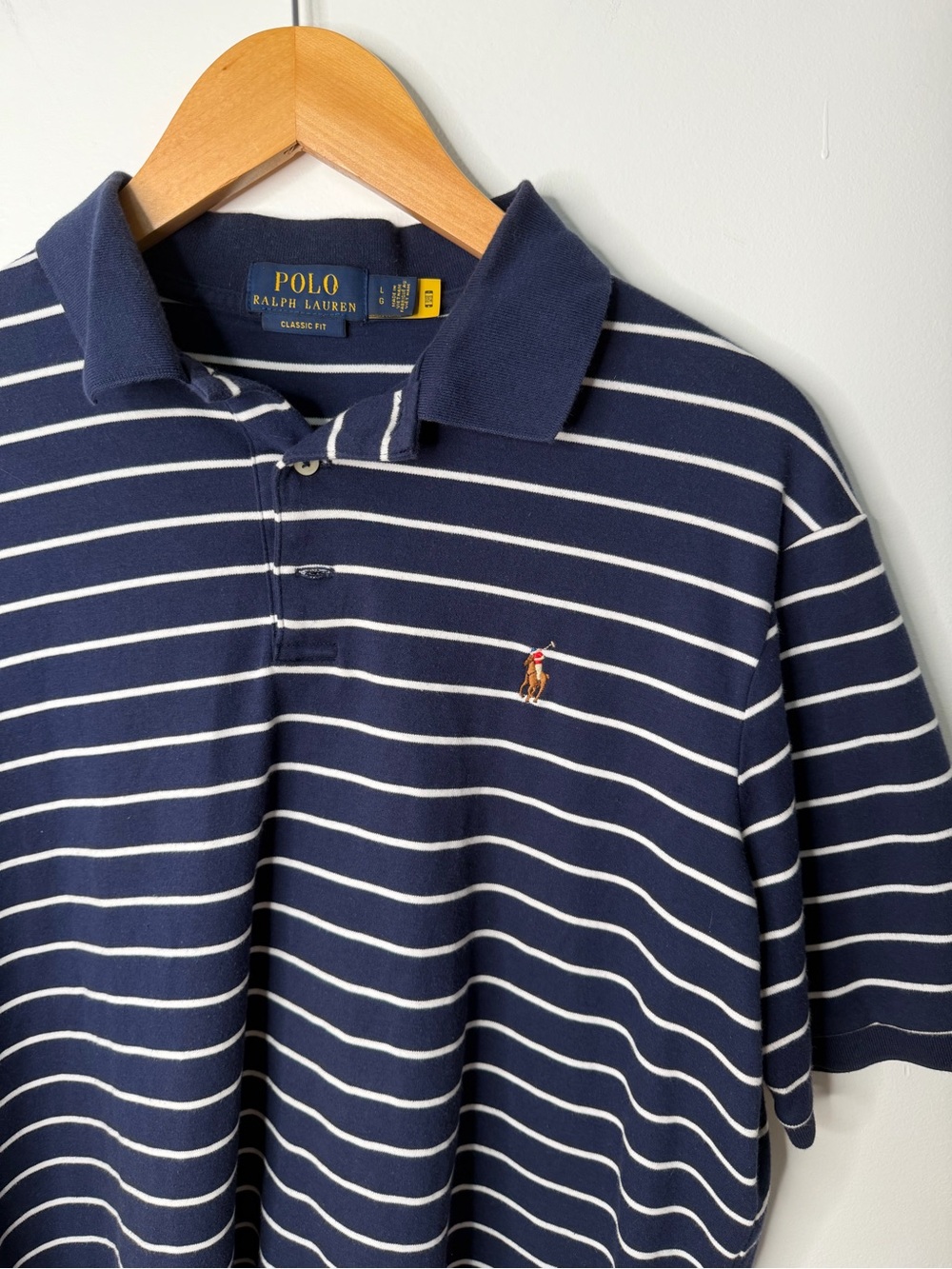 Polo Ralph Lauren Classic Fit Pima Navy Striped Polo Shirt Pony Flesh Logo L